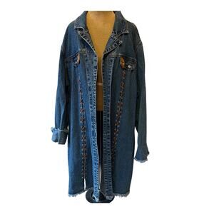 Ethyl blue jean denim long duster jacket leather stitchy Y2K Western boho 3X